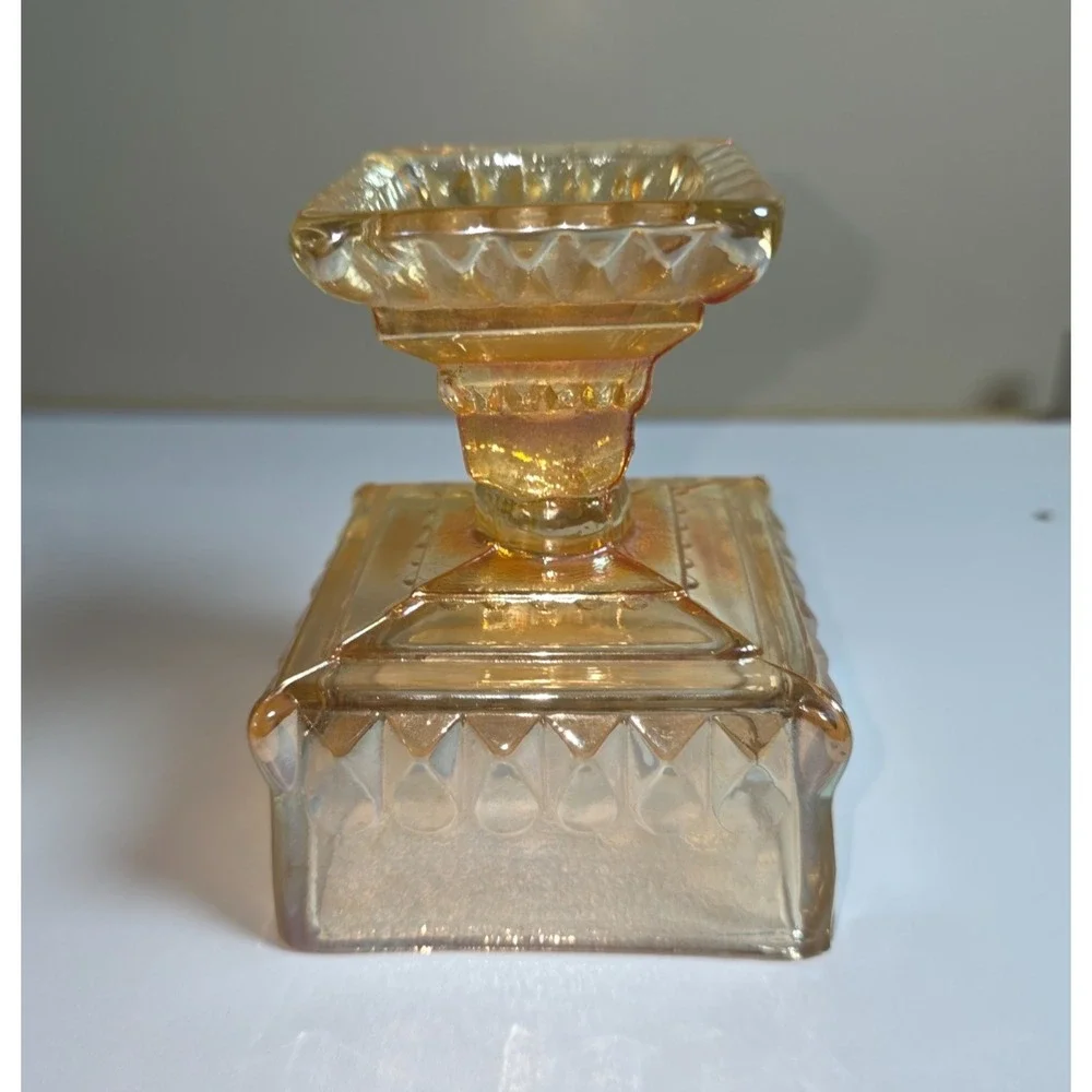 Vintage Painted Amber‎ Glass Pedestal Candy Dish w Lid Square Compote Jeannette
